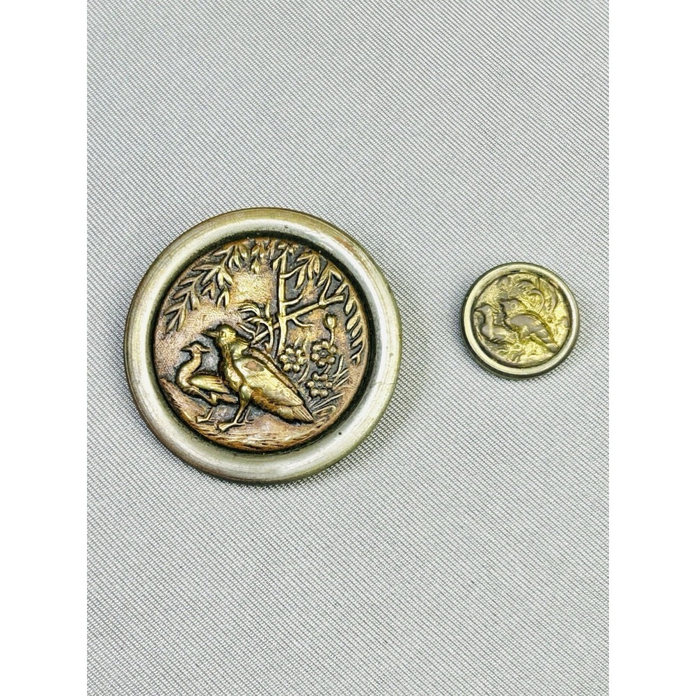 Pair Of Birds Large & Mini Antique Metal Loop Picture Buttons Set Of 2